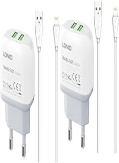 Buy Ldnio A2219 Set Of 2 Pieces Of Eu Fast Charger 2 Usb Ports With Lightning Cable Perfect For Home And Office With Robust And Durable Design, Minimizing Wear And Tear For Long-Term Use - White in Egypt