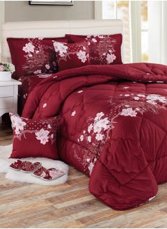 Buy Bed In A Bag Medium Filling King Size Comforter Set, 10 Pcs Floral Bedding Set Size 220 X 240 Cm with Comforter, Quilted Bed Skirt, Pillowcases, Cushion & Bedroom Slipper, Multicolor in Saudi Arabia