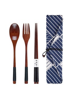 Buy Chopsticks Fork Spoon Three Piece Wooden Travel Cutlery Set with Pouch, Reusable Environmental Protection Pure Wood Portable Utensils, Japanese Style Pattern Office Camping Cutlery (Blue) in Saudi Arabia