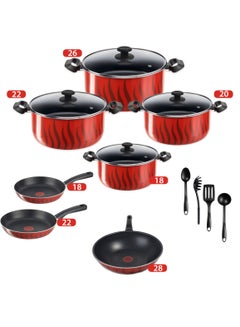 Buy Tefal Tempo Cooking Set With Glass Lid - 4 Stewpots 18,20,22,26 + Frypan 18,22 + Wok Pan 28 + Free Kitchen Tools in Egypt