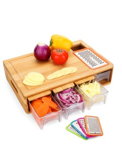 Buy Bamboo Cutting Board with 4 Containers, Large Chopping Board Set with Juice Grooves, Easy-Grip Handles & Food Sliding Opening, Carving Board with Trays for Food Storage in UAE