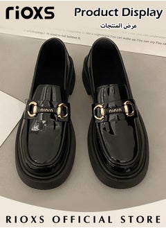 Buy Women's Flat Loafers Closed Square Heel Thick Sole Leather  Shoes Fashion Versatile Slip-On Shoes For Daily Work in UAE