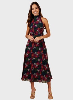 Buy Floral Midi Dress With Tie Detail in UAE