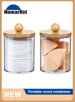 Buy 2 Pack Qtip Holder Dispenser with Bamboo Lids - 10 oz Clear Plastic Apothecary Jar Containers for Vanity Makeup Organizer Storage - Bathroom Accessories Set for Cotton Swab, Ball, Pads, Floss in UAE