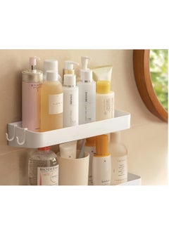 Buy Bathroom Shelf Wall Mounted Shelf with 3 Hooks White 30cm, 1 Piece, No Drilling Required in UAE