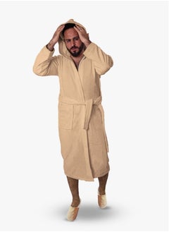 Buy Men's soft cotton bathrobe with a pocket and a waist belt with a distinctive slipper in an elegant design beige color multiple sizes in Saudi Arabia