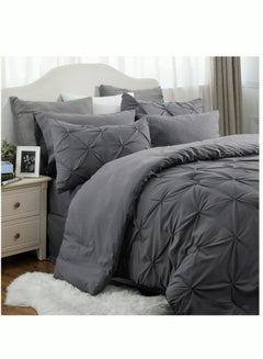 Buy 3 Pieces Comforter Set Bedding Set Pintuck Grey Bed in a Bag Dark Grey Bed Set with Comforter Sheets Pillowcases in UAE