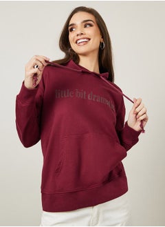 اشتري Regular Fit Slogan Print Hoodie with Front Pocket في السعودية