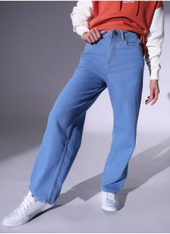 Buy Women Relaxed Fit High-Rise Clean Look Heavy Fade Stretchable 90s Baggy Jeans in UAE