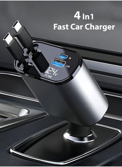 اشتري Car Charger - Fast Charging 4-in-1 Adapter with Collapsible Lightning & Type C Cables, Dual USB Ports & Voltage Display - Compatible with iPhone, iPad, Galaxy - 60W Power Output في الامارات