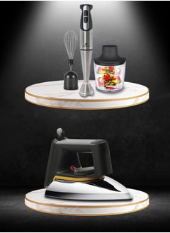 Buy A set consisting of a dry ironing machine equipped with a non-stick coating plate, ideal for all types of clothes, 1000 watts power, and a multi-functional portable electric blender, 850 watts power and 500 ml capacity. in Saudi Arabia