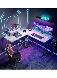 اشتري L-shaped gaming computer desk with rounded edges and large screen stand, suitable for computer stand, white في السعودية