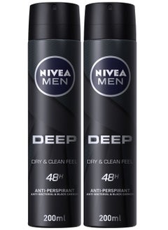 اشتري NIVEA MEN Antiperspirant Spray for Men, DEEP Black Carbon Antibacterial, Dark Wood Scent, 2x200ml Black 400ml في الامارات