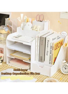 اشتري Multi-layer Desktop Folder Storage Box Organization File Box File Rack Office Supplies File Shelves Drawer Bookshelf with Pen Holder في السعودية