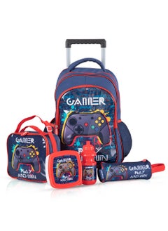 اشتري Set Of 5 Trolley School Bag 17 Inches With Lunch Bag, Pencil Case, Lunch Box and Water Bottle - Gamer - Blue في السعودية