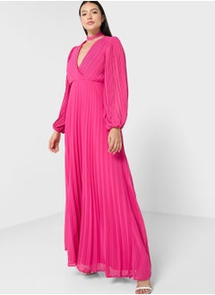 Buy Surplice Neck Pleated Dress in UAE