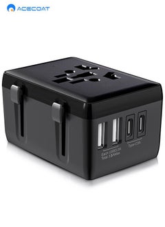 Buy Universal International Travel Adapter with 2 USB 2 Type C - Multifunctional Wall Plug Charger with 8A Fuse - Fast Charging Smart Socket Converter with Safety Protection for US/UK/EU/AU/Asia, Black in UAE