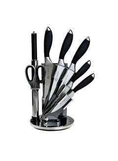 Buy EDENBERG 8 Pcs Kitchen Knife Set with Magnetic Stand | Premium Knife Set & Revolving Stand- Set of 8, Black & Silver in UAE