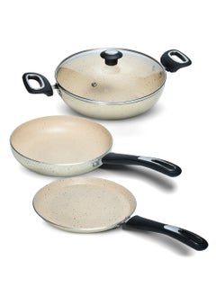 Buy 4-Piece Cookware Set Aluminum 5-Layer Super Granite Non-Stick Coated Tawa Pan Kadai Pan Fry pan Tempered Glass Lid, PFOA Free, FKT Beige in Saudi Arabia