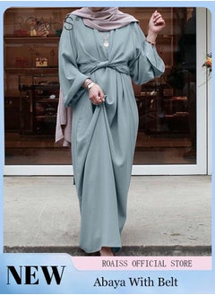 Buy Abaya with Belt for Women Ladies Long Sleeve Dress Classic Style Long Sleeve Tunic Round Neck Casual Elegant Dress for Daily Outfit in Saudi Arabia