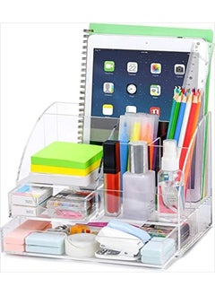 اشتري Acrylic Desk Organizer, All in One Office Supplies Accessories 5 Compartments with 2 Drawers for Home/Office/Makeup Desktop Organization & Decor, Clear في السعودية