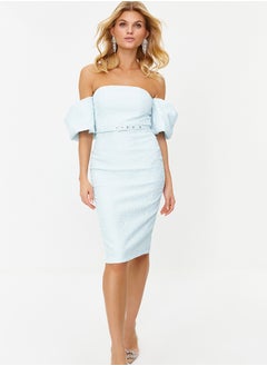 Buy Light Blue Belted Lined Textured Self-Patterned Woven Elegant Evening Dress TPRSS19FZ0335 in Egypt