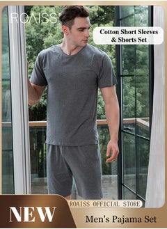 Buy 2Pcs Pure Cotton Home Pajamas Set for Men Summer Round Neck Loose Short Sleeve and Comfortable Elastic Waistband Shorts Simple Pure Color Breathable Casual Pyjama Suit in Saudi Arabia