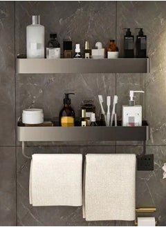 Buy 2-Piece Multifunction Modern Design Wall Mounted Bathroom Shelf with Towel Hanger Rack Gray 30 x 12 x 4 Centimeter in UAE