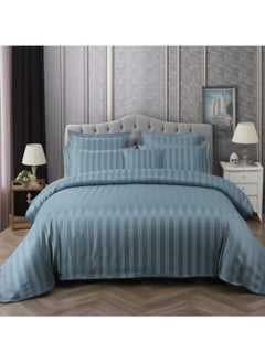 Buy Hotel striped pattern single bed set consisting of 3 pieces blue microfiber in Saudi Arabia