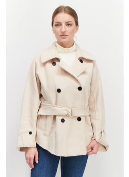 اشتري Women Spread Collar Long Sleeve Double Button Trench Coat, Beige في الامارات