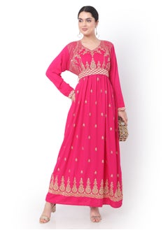 اشتري MODEST THICK EMBRODERED WITH LONG SLEEVES AND BELT PINK HIGH QUALITY STYLISH ARABIC KAFTAN JALABIYA DRESS في السعودية