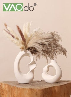Buy 2PCS Unique White Ceramic Vase for Modern Home Decor Minimalist Nordic Boho Ins Style Centerpieces,Round Matte Pampas Flower Vases Art Aesthetic Donut Decorations for Room Office and Farmhouse in UAE
