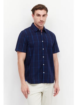 Buy Men Regular Fit Short Sleeve Windowpane Casual Shirts, Blue in Saudi Arabia