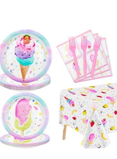 Buy Party Tableware Set, Ice Cream Birthday Supplies Serve 20 - 81Pcs Plates Napkins Tablecloth Forks for Girls Kits Baby Shower Popsicle Theme Decorations in UAE