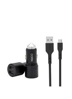 Buy Corn 2.4A Dual USB Metal Car Charger With Micro Cable - CC003-M - Black in Egypt