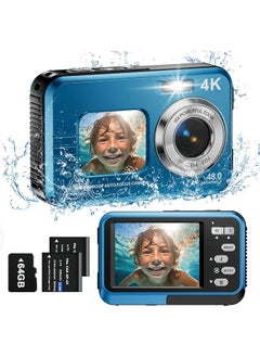 اشتري Underwater Camera, 4K Waterproof Camera with 64GB Card 48MP Autofocus Selfie Dual Screens 11FT Underwater Camera for Snorkeling Waterproof Compact Portable Digital Camera, 2 Batteries في الامارات