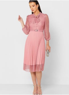 Buy Mesh Sleeve Pleated Dress in Saudi Arabia