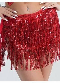 اشتري Sequin Fringe Waist Chain Skirt Sparkly Belly Dance Tassel Waist Wrap Belt Skirts Party Rave Costume Red في السعودية