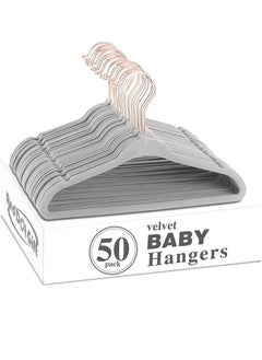 Buy 50-Pack Grey Color Baby Velvet Hangers 11Inch - Nursery Clothes Hangers Non Slip Toddler Hangers, 360 Chrome Rose-Gold Hook. in UAE