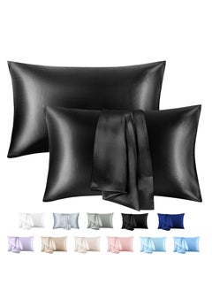 Buy 2-Piece Simple Solid Colour Silk Satin Pillow Case with Envelope Closure for Hair and Skin Black in Saudi Arabia