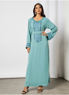 Buy Jalabiya With Asymetricl Embroidery And Belt in UAE