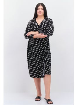 Buy Women V Neck Long Sleeve Allover Print Midi Dress, Black/White in Saudi Arabia