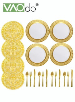 Buy 20PCS Porcelain Dinner Set  Including Dinner Plates Knife Fork Spoon Insulated Placemat  Dinnerware Set Dishwasher Safe  Service for 4 Gold in UAE