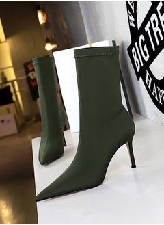 اشتري Fashion Simple Slim Heel High Heel Elastic Lycra Pointed Ankle Boots Green في الامارات