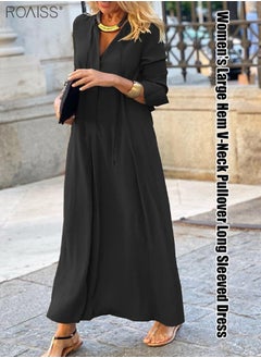 Buy Women's Loose Casual Dress Solid Color Lapel Long Sleeve Design Classic V Neck Ankle Length Shirt Dress in UAE