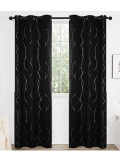 اشتري 2-Piece Wave Dot and Line Pattern Thermal Insulated Blackout Curtains Black 100x250cm في الامارات