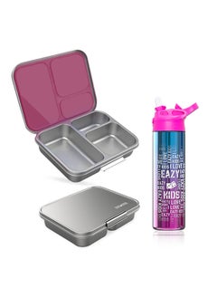 اشتري Eazy Kids 3 Compartment Bento Steel Lunch Box with Stainless Steel 530ml Water Bottle - Pink في السعودية