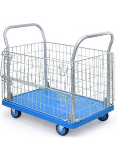 Buy Platform Flat Trolley with Removeable Fence Cage 600kg Weight Capacity and 360 Degree Swivel Wheels, Foldable Push Hand Cart Flatbed Truck 60x90cm Blue/Silver in UAE