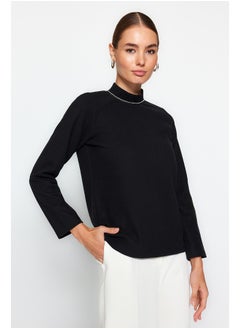 Buy Thessaloniki Regular Fit Knitted Blouse, Black Stand-Up Collar with Zipper and Gemstone Necklace Detail TWOAW24BZ00285 in Egypt