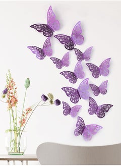 Buy 12pcs 3D Hollow Butterfly Sticker, Purple Adhesive Paper Butterfly Wall Art For Home Decor in UAE